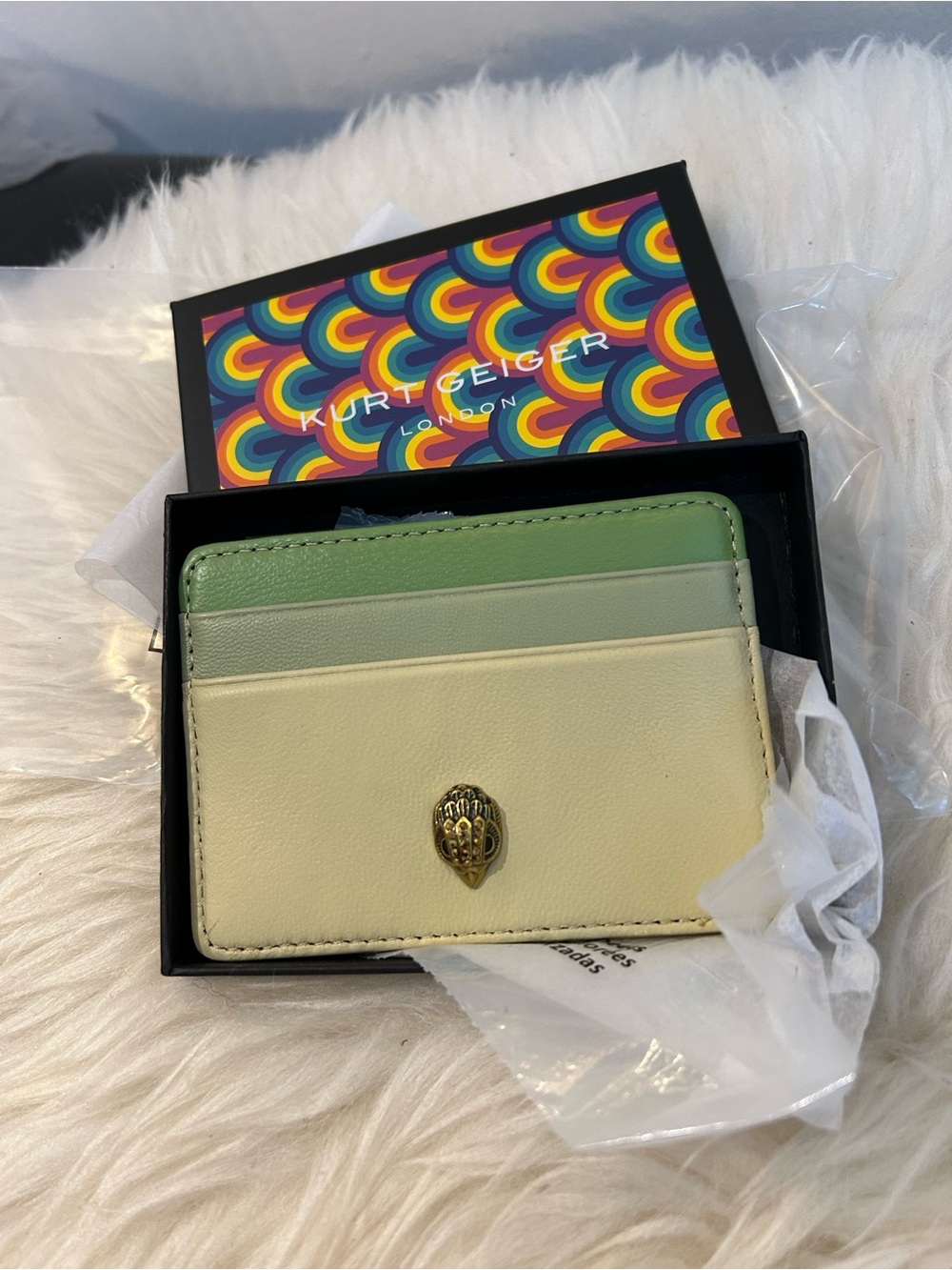 Kurt Geiger Green and Cream Leather Card Holder with Gold Emblem